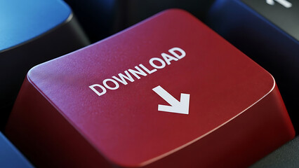 Close-up of red download button on computer keyboard with white text