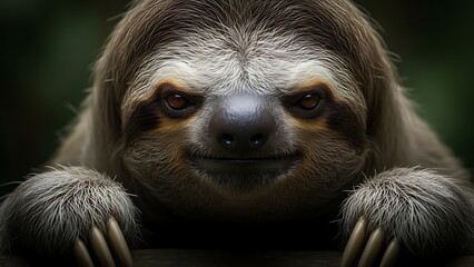 Obraz premium Close-up Portrait of a Three-Toed Sloth Showing Claws and Smiling Face