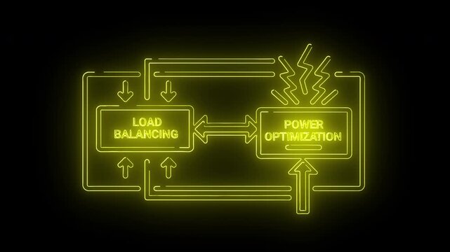 Neon-lit diagram illustrating load balancing and power optimization with glowing yellow lines and arrows on a dark background.