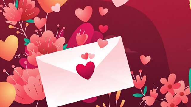 Illustration of a white envelope with hearts floating around it amidst floral elements in shades of pink and red