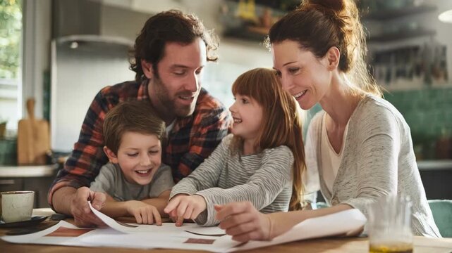 Cheerful family reviewing financial documents together to explore needbased grants for affordable college education funding.