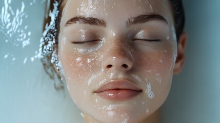 A woman is in a bathtub with her face covered in foam. She has a white face and is smiling