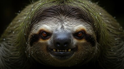 Obraz premium Close-up Portrait of a Wet Sloth with Intense Eyes and Sharp Teeth in Rainforest
