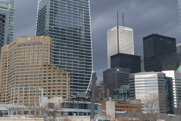 Naklejka premium mix of contemporary architectural styles (TD Terrace, Intercontinental hotel, and office buildings) viewed from Bremner Blvd, Toronto (Roundhouse Park)