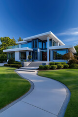 Fototapeta premium Modern house with green lawn and clear sky in afternoon light