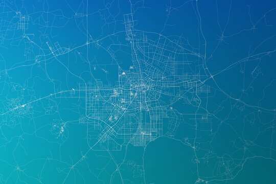 Map of the streets of Hefei (China) made with white lines on greenish blue gradient background. 3d render, illustration