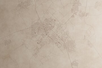 Map of Karaganda (Kazakhstan) on an old vintage sheet of paper. Retro style grunge paper with light coming from right. 3d render © Hairem