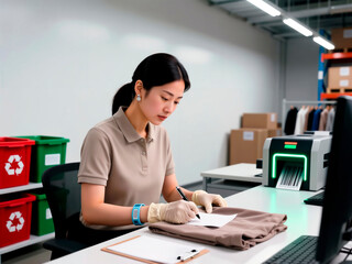 Warehouse worker processing package at desk with scanner and recycling bins.