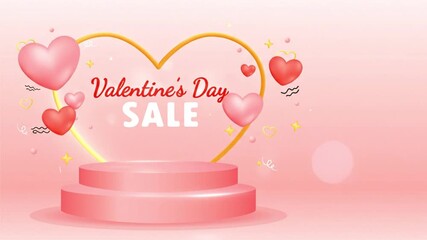 Valentine's Day sale promotion on a pink podium with heart decorations