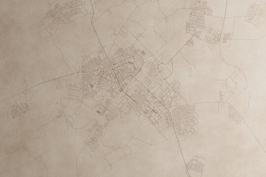 Map of Karaganda (Kazakhstan) on an old vintage sheet of paper. Retro style grunge paper with light coming from right. 3d render