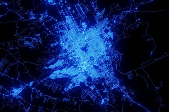 Street map of Riyadh (Saudi Arabia) made with blue illumination and glow effect. Top view on roads network