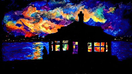 an old house with neon lights reflecting in the water