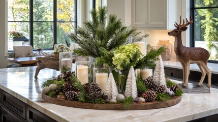 a simple and cute christmas centerpiece on the kitchen island, with candles in glass vases surrounded by greenery, pine cones