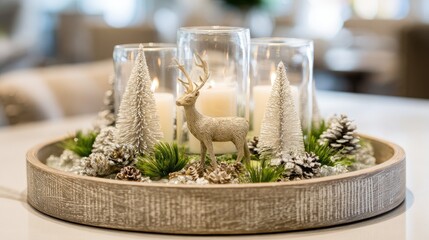 a simple and cute christmas centerpiece on the kitchen island, with candles in glass vases surrounded by greenery, pine cones