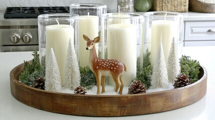 a simple and cute christmas centerpiece on the kitchen island, with candles in glass vases surrounded by greenery, pine cones