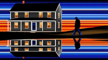 an old house with glowing windows at sunset