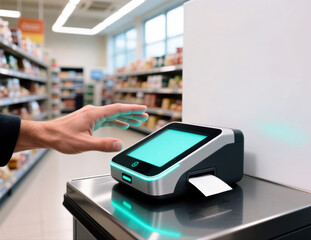 Hand interacting with a modern digital payment terminal in a grocery store aisle.