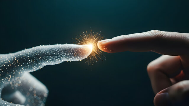 Toma macro de puntas de dedos rob&oacute;ticos y humanos creando una explosi&oacute;n de luz que simboliza el nacimiento de la conciencia artificial