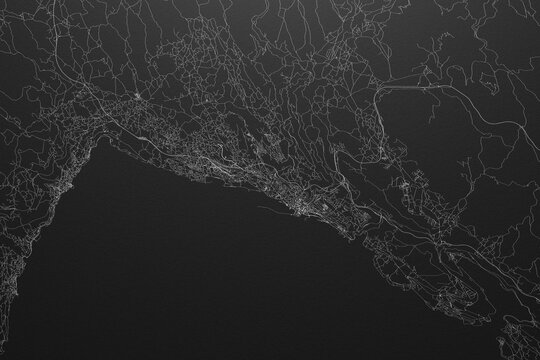 Street map of Rijeka (Croatia) on black paper with light coming from top