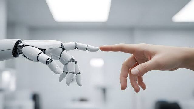 Dedos de robot y humano toc&aacute;ndose representando conexi&oacute;n de inteligencia artificial y colaboraci&oacute;n entre hombre y tecnolog&iacute;a de m&aacute;quinas