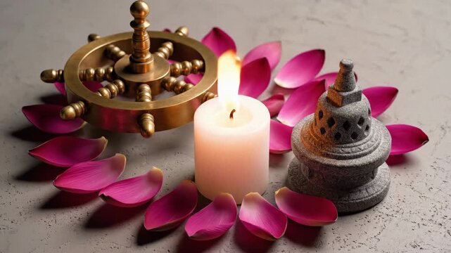 Close Up of a Lit White Candle Surrounded by Pink Petals and a Brass Dharma Wheel Sculpture on a Textured Gray Surface