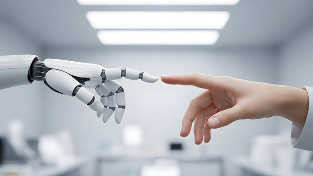 Mano rob&oacute;tica y humana toc&aacute;ndose las puntas de los dedos representando colaboraci&oacute;n de IA y asistencia m&eacute;dica futurista