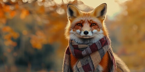 Obraz premium A charming fox wearing a scarf in the midst of autumn leaves. Perfect for fall-themed projects or animal lovers!