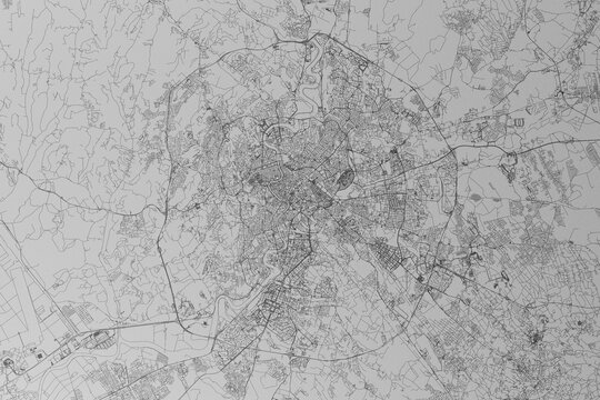 Map of the streets of Rome (Italy) made with black lines on grey paper. Top view. 3d render, illustration