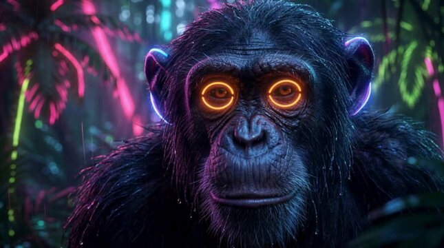 Neon Ape: Intense close-up of a chimpanzee with glowing orange eyes, illuminated by vibrant cyberpunk jungle lighting.
