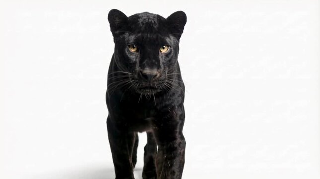 Majestic black panther walking towards the viewer with piercing yellow eyes, isolated on a clean white background, showcasing its powerful feline presence.