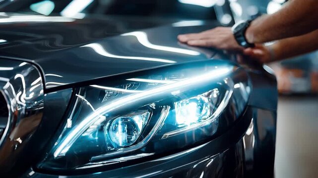 Mechanic upgrading a vehicles headlight to modern LED bulbs showcasing the installation process for enhanced brightness.