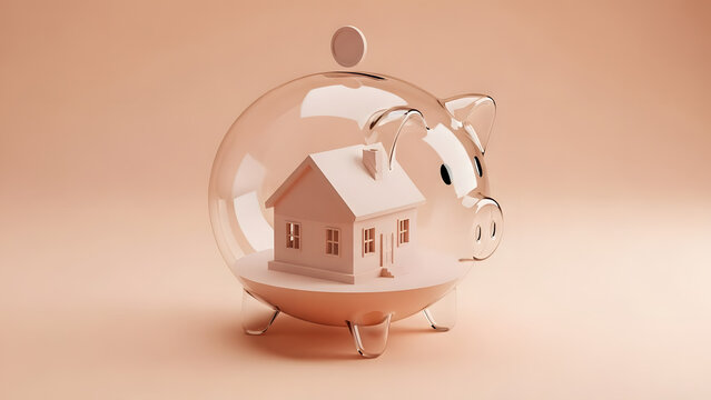 Concepto de ahorro para una casa con hucha y modelo de casa interior. Planificaci&oacute;n financiera para propiedad de vivienda e inversi&oacute;n inmobiliaria. Alcanc&iacute;a de cerdito transparente con casa miniatura