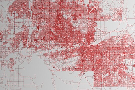 Map of the streets of Phoenix (Arizona, USA) made with red lines on white paper. 3d render, illustration
