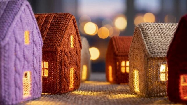 Row of knitted cable-knit miniature houses illuminated with warm light, creating a cozy winter village scene with bokeh background.