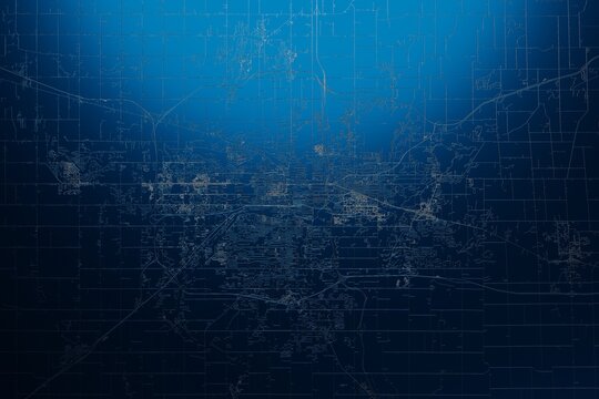 Street map of Lansing (Michigan, USA) engraved on blue metal background. View with light coming from top. 3d render, illustration