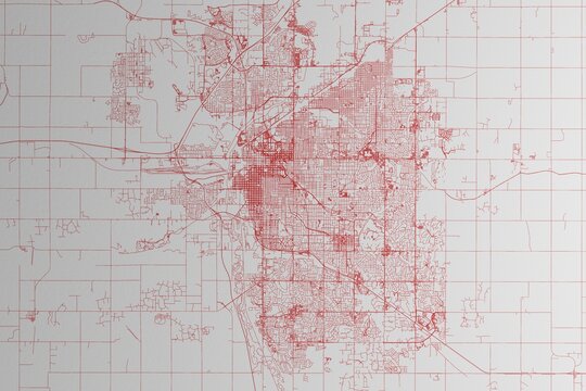 Map of the streets of Lincoln (Nebraska, USA) made with red lines on white paper. 3d render, illustration