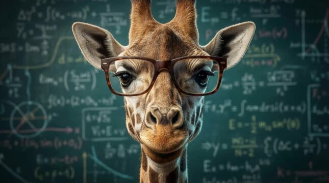 Intellectual Giraffe Professor Wearing Eyeglasses Posing Against a Complex Mathematical Formula Chalkboard