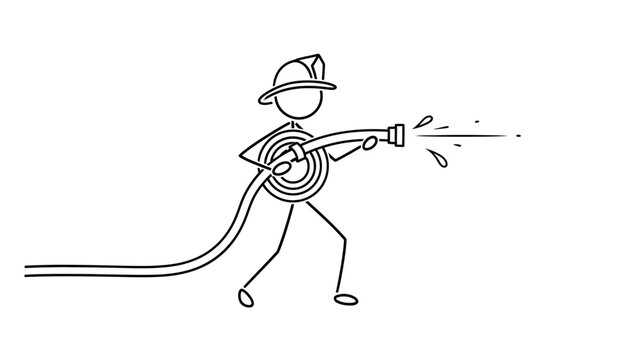 Stick figure firefighter holding a hose and spraying water, providing safety services on an isolated white background.