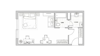 Floor plan of a studio apartment featuring a bedroom, bathroom, kitchen, and workspace.
