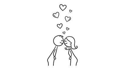 Fototapeta premium Simple stick figure drawing of a man and woman in love, with hearts floating above their heads, symbolizing romance and affection.