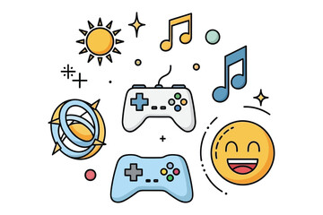 Colorful video game and entertainment lifestyle icons set