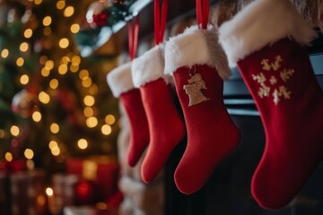 A festive scene featuring a collection of Christmas stockings hanging from the mantle of a fireplace adorned with twinkling lights. The cozy atmosphere evokes warmth and holiday cheer.