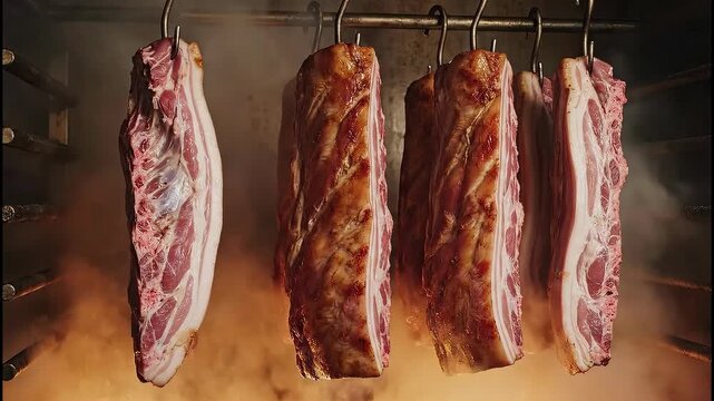 Bacon curing and smoking timelapse highlights traditional methods in smokehouse