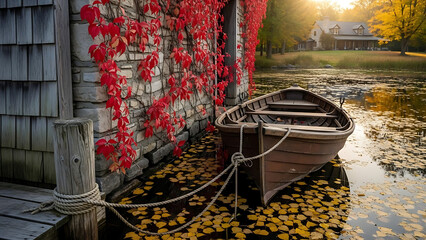 Serene autumn scene with wooden boat by rustic boathouse