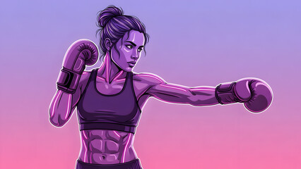 Female boxer in fighting stance with purple and pink gradient background