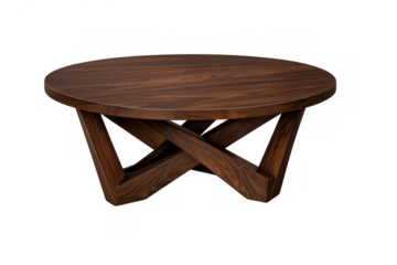 Round walnut wood coffee table showing modern design and stylish interwoven cross base with transparent background