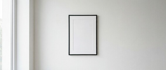 Blank picture frame on white wall in minimalist interior