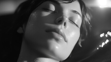 This is a black and white photograph of a woman with closed eyes, looking thoughtful or serene.