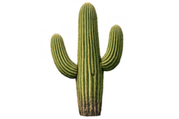 Saguaro cactus, iconic desert plant with multiple arms, standing tall and isolated on a transparent background