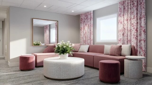 Medium shot of a cozy therapist staff room featuring warm lighting plush seating and soft textiles creating a comforting break space.